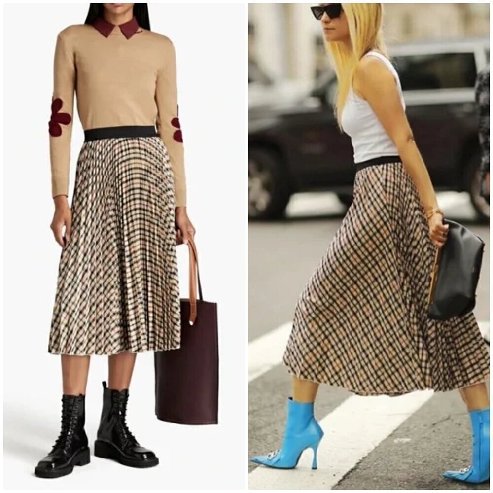 💕MAJE💕 Johnny Check Pleated Midi Skirt ~ Beige Brown Size 3 NWOT